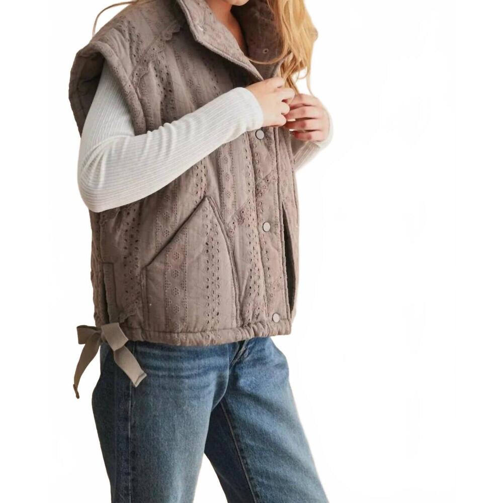 NEW MIOU MUSE lace crochet trim puff vest in brown - Picture 3 of 5